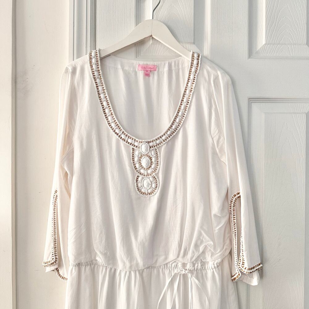 Lilly Pulitzer White Delisa Beaded Boho Beach Tunic Mini Dress Tie Waist Belt XL - Picture 2 of 12